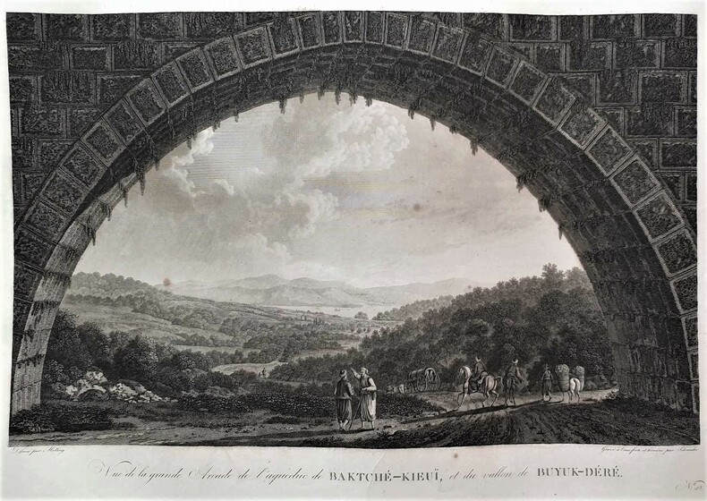 Vue de la grande arcade de l'aqueduc de Bakché-Kieuï, et du vallon de Buyuk-Déré. MELLING , Antoine Ignace