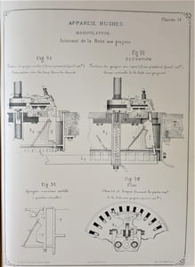 Télégraphe Hughes ,Album de 22 planches in-quarto contenant 79 figures dont 4 vue d’ensemble de l’appareil en demi-grandeur,en Plan, Elévation,profil et vue perspective, et toute ses pièces de détail en grandeur naturelle , suivi d’un texte explicatif.
