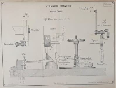 Télégraphe Hughes ,Album de 22 planches in-quarto contenant 79 figures dont 4 vue d’ensemble de l’appareil en demi-grandeur,en Plan, Elévation,profil et vue perspective, et toute ses pièces de détail en grandeur naturelle , suivi d’un texte explicatif.