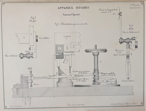 Télégraphe Hughes ,Album de 22 planches in-quarto contenant 79 figures dont 4 vue d’ensemble de l’appareil en demi-grandeur,en Plan, Elévation,profil ...
