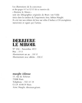 Derrière le Miroir n° 216. BRAM VAN VELDE. Novembre 1975.
. BRAM VAN VELDE - Arrabal, Fernando - Juin, Hubert.