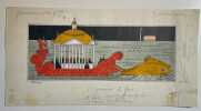 Dessin original aquarellé, signé, représentant un char du carnaval de Venise flottant dans la nuit.. VENISE. — BENIGNI (Léon).
