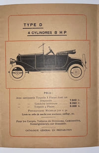 Nouveau modèle 1919. Type D, 4 cylindres 8 HP.