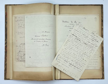 Manuscrits autographes préparatoires pour son discours de réception à l'Académie française, le 23 avril 1885.. LESSEPS (Ferdinand de).