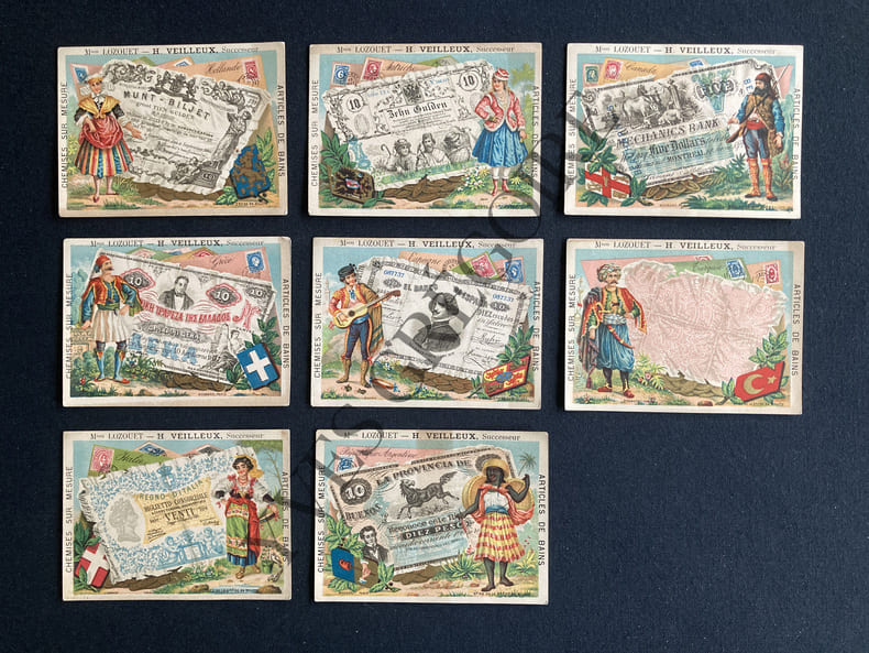 8 CHROMOS-LOZOUET-H.VEILLEUX-CHEMISES SUR MESURE-ARTICLES DE BAINS-BILLETS DE BANQUE. 