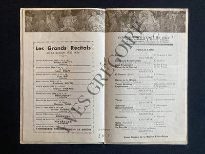 PROGRAMME CASINO MUNICIPAL DE NICE-DANSES ESPAGNOLES-MME ARGENTINA-LUIS GALVE-3 MARS 1934-COUVERTURE DE JULES CHERET