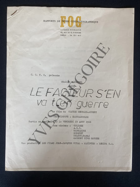 LE FACTEUR S'EN VA T-EN GUERRE-FILM DE CLAUDE BERNARD-AUBERT-MATERIEL D'EXPLOITATION. 