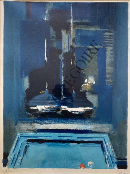 LITHOGRAPHIE-BERNARD PIGA (1934-2008)-BILLARD-COMPOSITION BLEUE. 