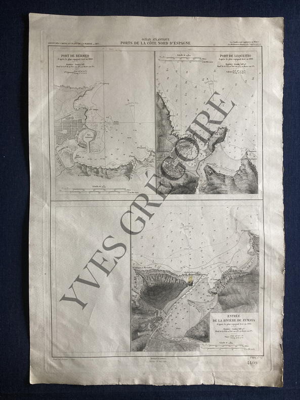 CARTE MARINE-OCEAN ATLANTIQUE-PORTS DE LA COTE NORD D'ESPAGNE-PORT DE BERMEO-PORT DE LEQUEITIO-ENTREE DE LA RIVIERE DE ZUMAYA. GRAVE PAR DELAUNE-ECRIT ...