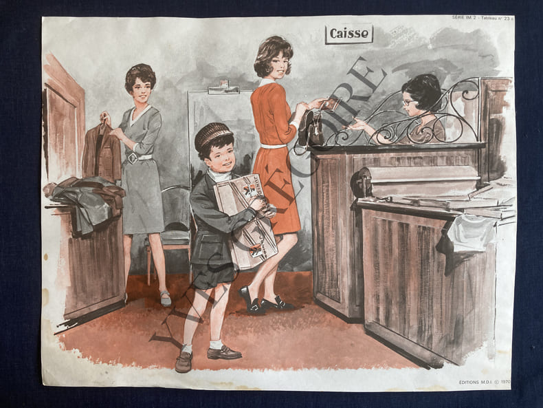 AFFICHE SCOLAIRE-MDI-CREMIERE SUR MARCHE (SERIE IM2 TABLEAU N&deg;24C)-MAGASIN DE VETEMENTS (SERIE IM2-TABLEAU N&deg;23C). 