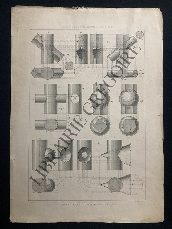 L'ENSEIGNEMENT PROFESSIONNEL DU MENUISIER-PLANCHE 7-GEOMETRIE DESCRIPTIVE PENETRATIONS DES CORPS. LEON JAMIN