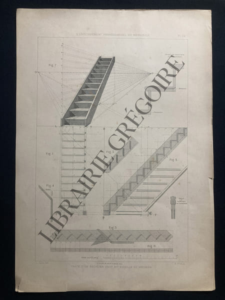 L'ENSEIGNEMENT PROFESSIONNEL DU MENUISIER-PLANCHE 74-TRACE D'UN ESCALIER DROIT DIT ECHELLE DU MEUNIER. JAMIN