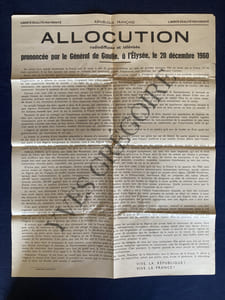 AFFICHE "ALLOCUTION RADIODIFFUSEE ET TELEVISEE PRONONCEE PAR LE GENERAL DE GAULLE, A L'ELYSEE, LE 20 DECEMBRE 1960"