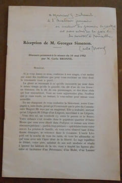 Réception de M. Georges Simenon - Discours prononcé à l' Académie Royale de langue et de littérature françaises de Belgique le10 mai 1952 par M. Carlo ...