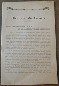 Discours de Cazals avant les Congrès de l'I.S.R. et de l'Internationale Communiste