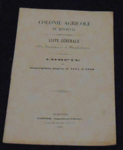 Colonie Agricole de Bonneval - Liste Générale des fondateurs et bienfaiteurs - Compte des Souscriptions payées en 1845 et 1846