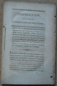 Instruction concernant la panification des blés avariés rédigée par une commission spéciale nommée par S. Ex. le ministre Secrétaire d'État au département de l'intérieur et composée de MM. Gau conseiller d'Etat honoraire directeur de l'approvisionnement de réserve président ; Morel de Vindé pair de France ; de Saint-Martin munitionnaire général des hospices ; Bosc Yvart Thénard Gay-Lussac et Silvestre membres de l'Académie royale des Sciences