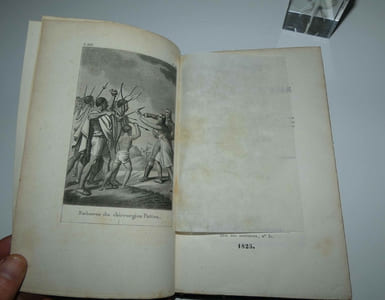 "Abrégé de l'histoire générale des voyages contenant ce qu'il y a de plus remarquable, de plus utile et de mieux avéré dans les pays où les voyageurs ont pénétré ; les moeurs des habitans, la religion, les usages, arts et sciences, commerce, manufactures. Nouvelle édition (---). TOME XXIVe. Paris. Chez Ledentu. 1825."