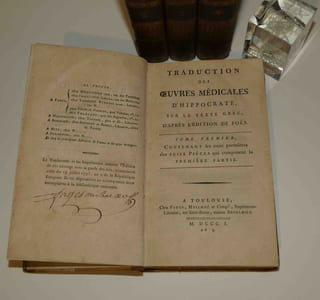 Traduction des oeuvres médicales d'Hippocrate, sur le texte grec, d'après l'édition de Foës [par le Dr Gardeil, publié par les soins de Tournon, avec la Vie d'Hippocrate par Dacier]. Toulouse : Fages, Meilhac et Cie, 1801 (an 9).