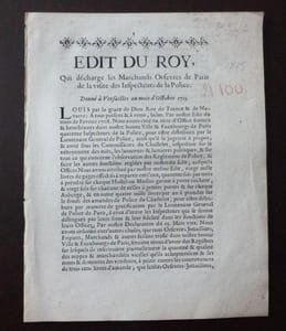 Edit du Roy qui décharge les Marchands Orfevres de Paris de la visite des Inspecteurs de la Police, donné à Versailles au mois d'Octobre 1713, A Paris, chez la veuve François Muguet et Hubert Muguet, Premier Imprimeur du Roy et de son Parlement, Rue de la Harpe, aux trois Rois 1713.