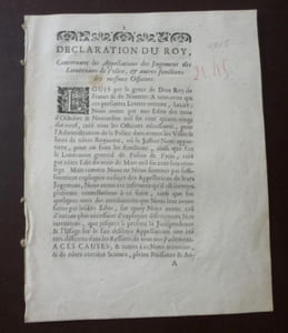 Déclaration du Roy, concernant les Appellations des Jugements des Lieutenants de Police & autres fonctions des mesmes Officiers, A Paris, en Parlement, le septieme janvier mil sept cent un (1701).