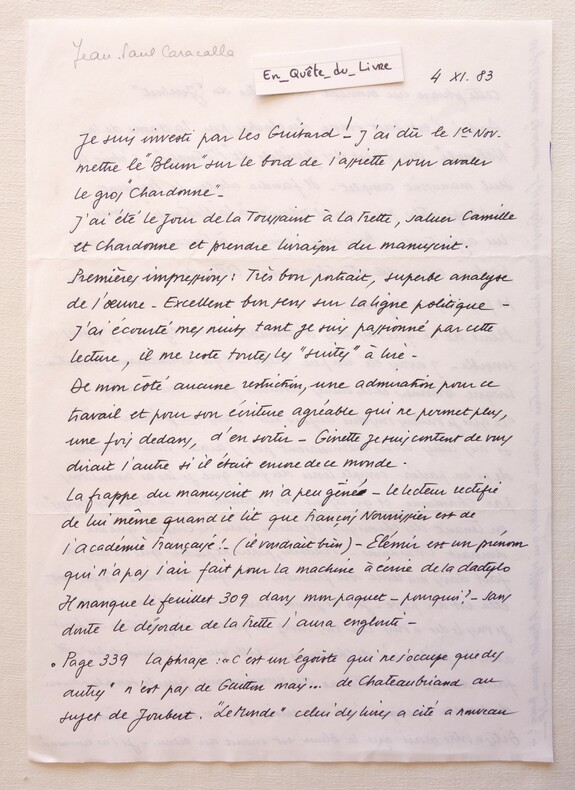 L.A.S. Jean-Paul Caracalla (1921-2019) Écrivain - Lettre autographe signée et souvenirs sur Jacques Chardonne. Caracalla (Jean-Paul)