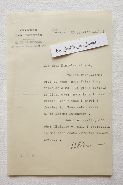 Lot 1 L.S. + 1 télégramme Horace de Carbuccia (1891-1975) Lettre signée à Eugène Frot. Carbuccia (Horace de)