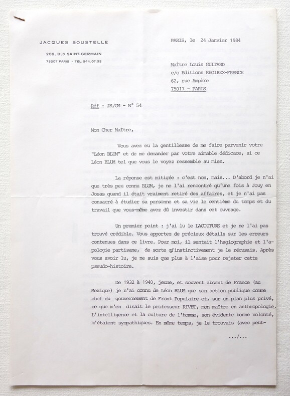L.S. Jacques Soustelle (1912-1990) Lettre dactylographiée signée [Léon Blum]. Soustelle (Jacques)