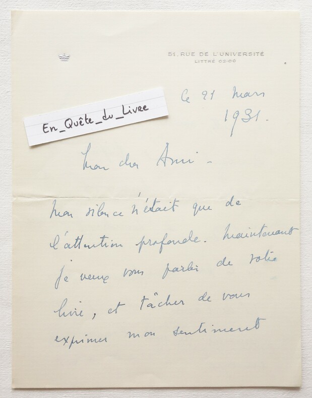 L.A.S. Princesse Marthe Bibesco (1886-1973) Lettre autographe signée à Henry Lémery. Bibesco (Marthe) Princesse