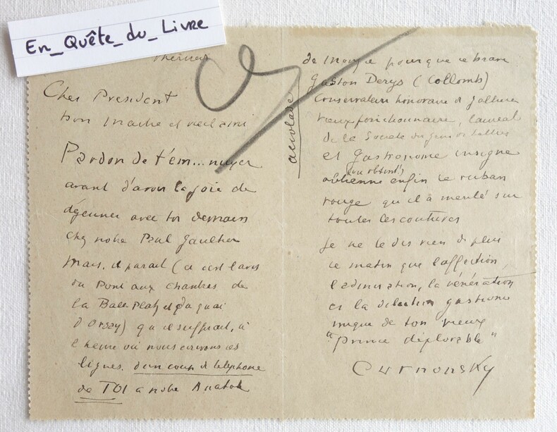 L.A.S. Curnonsky (1872-1956) Lettre autographe signée à André Tardieu. Curnonsky (Maurice Edmond Sailland, dit) 