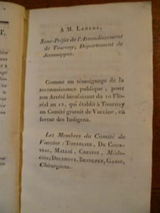 Réflexions critiques et analytiques sur quelques passages de L'Essai chronologique pour servir à l'histoire de Tournay par M. Hoverlant, ex-législateur. Par les Médecins et les Chirurgiens, Membres du Comité des Vaccins de l'Arrondissement de Tournay, Département de Jemmapes, établi en vertu de l'Arrêté du Sous-Préfet du 10 Floréal an 12.
