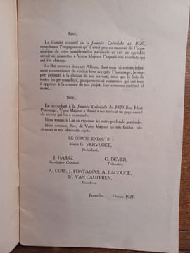 Journée coloniale. juillet 1920. Rapport à S.M. le Roi. . VERVLOET G.