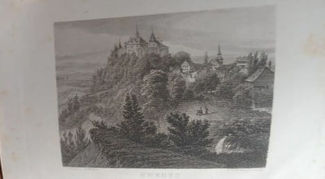 Kyburg die Stammburg Rudlf's von Habsburg (mütterlicher Seite). Wegweiser und Gedenkblatt den Besuchern des Schlosse. . undefined