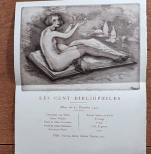 Menu pour le dîner des Cent bibliophiles du 15 décembre 1923.