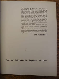 Pour en finir avec le jugement de Dieu émission radiophonique enregistré le 28 novembre 1947. Texte intégral suivi de variantes, extraits de presse et 8 lettres à Fernand Pouey, René Guignard, Wladimir Porché, René Guilly, le R.P. Laval, Paule Thévenin. 