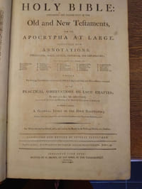 The Holy Bible Containing the Sacred Text of the Old and New Testaments, and the Apocrypha at Large. Illustrated with Annotations, Theological, Moral, Critical, Historical, and Explanatory. With Practical Observations on Each Chapter, by Rev. Mr. Ostervald. To Which is Added, a Complete Concordance to the New and Old Testaments, and Also, a General Index to the Holy Scriptures. Corrected and revised by several Clergymen. 