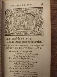 Den algemeynen Dooden Spiegel oft de Kapelle der Dooden, Waer in alle Menschen sich al lacchende of al weenende konnen beschouwen, verciert Met aerdige Historien, Sin-ryke Gedichten, ende Seden-leerende Beeld-schersten. Tweeden Druk.