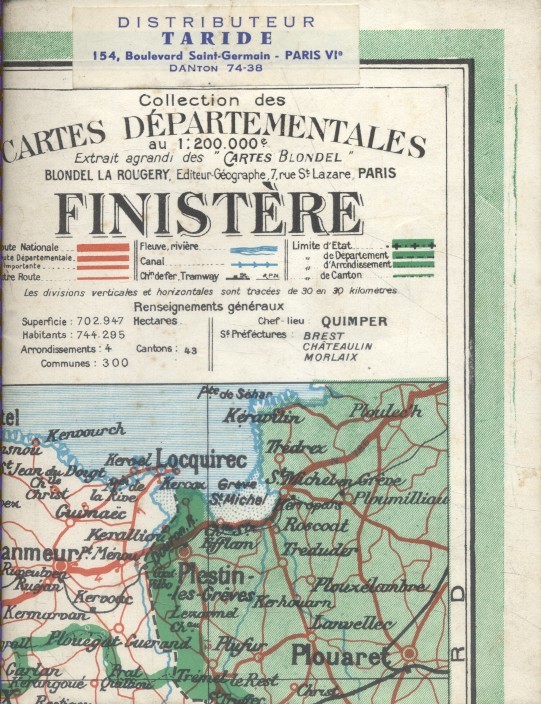 Finistère : Carte départementale en couleurs au 1 200 000e.. CARTE BLONDEL 
