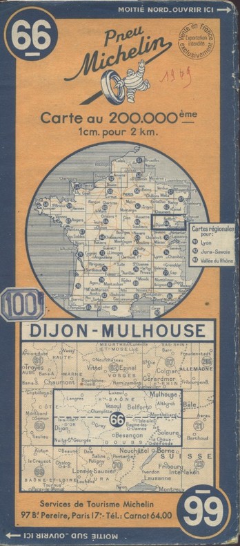 Ancienne Carte Michelin N° 66 : Dijon - Mulhouse. Carte au 200.000e.. CARTE MICHELIN 