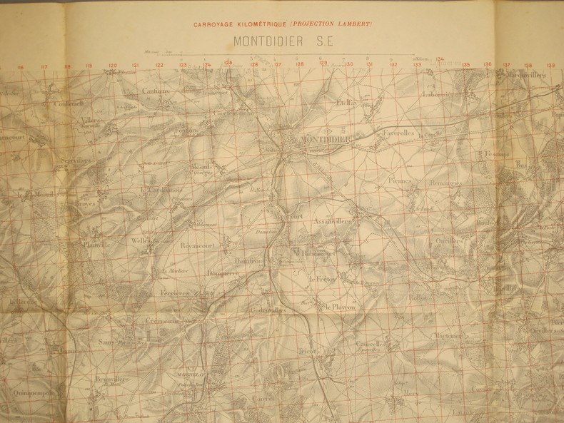 Montdidier S.E. Carte N° 21. Carte au 1/50 000. Type 1889. Tirage de 1917. Carroyage kilométrique imprimé en rouge (projection Lambert).. MONTDIDIER - ...