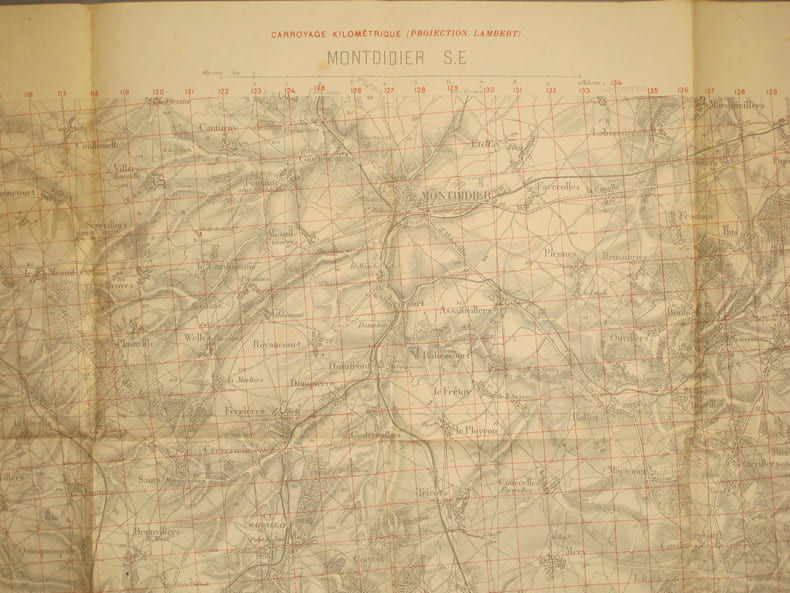 Montdidier S.E. Carte N&deg; 21. Carte au 1/50 000. Type 1889. Tirage de 1917. Carroyage kilom&eacute;trique imprim&eacute; en rouge (projection Lambert).. MONTDIDIER - ...
