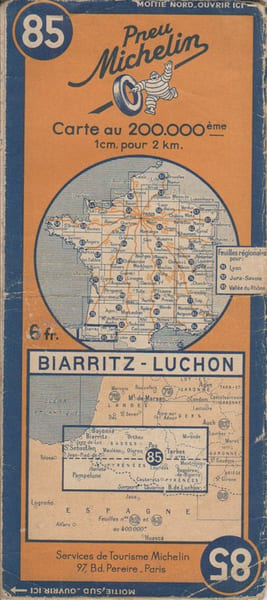Ancienne Carte Michelin N&deg; 85 : Biarritz - Luchon. (Couverture en partie manquante). Carte au 200.000e.. CARTE MICHELIN 