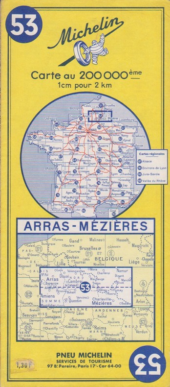 Ancienne Carte Michelin : Arras - Mézières. Carte au 200.000e.. CARTE MICHELIN 