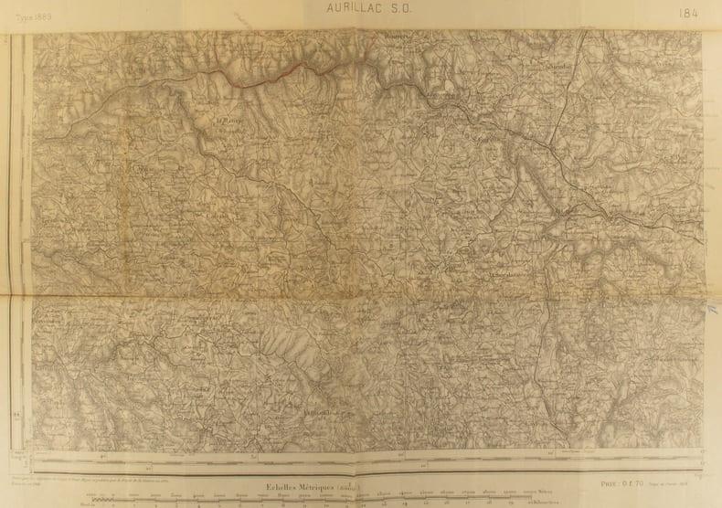Aurillac S.O. Carte au 1/80 000e. Feuille N&deg; 184. Type 1889, r&eacute;vis&eacute;e en 1906. Tirage de f&eacute;vrier 1925.. AURILLAC S.O. Feuille 184 