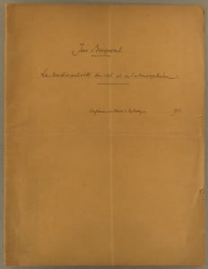 La radioactivité du sol et de l'atmosphère?. Conférence à la société d'hydrologie médicale de Paris, publiée dans trois numéros de la Gazette des eaux. 16 pages extraites des numéros 2818 à 2820, contenant la totalité de l'article en première publication.