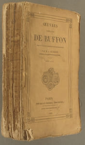 Oeuvres complètes de Buffon mises en ordre et précédées d'une notice historique par M. A. Richard. Tome 18 seul : Histoire des animaux. 19 gravures en noir sur feuilles volantes n'appartiennent pas à cette édition.
