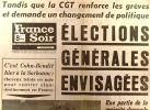 France soir. 30 mai 1968. 8e édition. Elections générales envisagées.. FRANCE-SOIR 30 mai 1968 