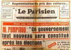 Le Parisien libéré. 26 juin 1968. M. Pompidou : Un gouvernement tout nuveau sera constitué après les élections…. LE PARISIEN LIBERE 