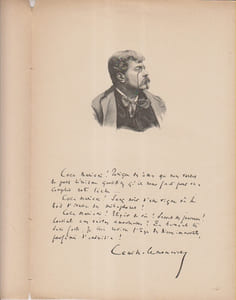 Camille Lemonnier. Extrait de l'album Mariani. Figures contemporaines. Notice biographique de deux pages. Un portrait et un fac-similé d'autographe vantant les mérites du vin de coca Mariani.