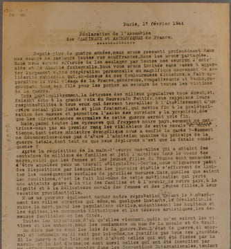 Déclaration de l'assemblée des cardinaux et archevêques de France. Texte dactylographié à l'époque contre la menace de STO pour les femmes, les ...